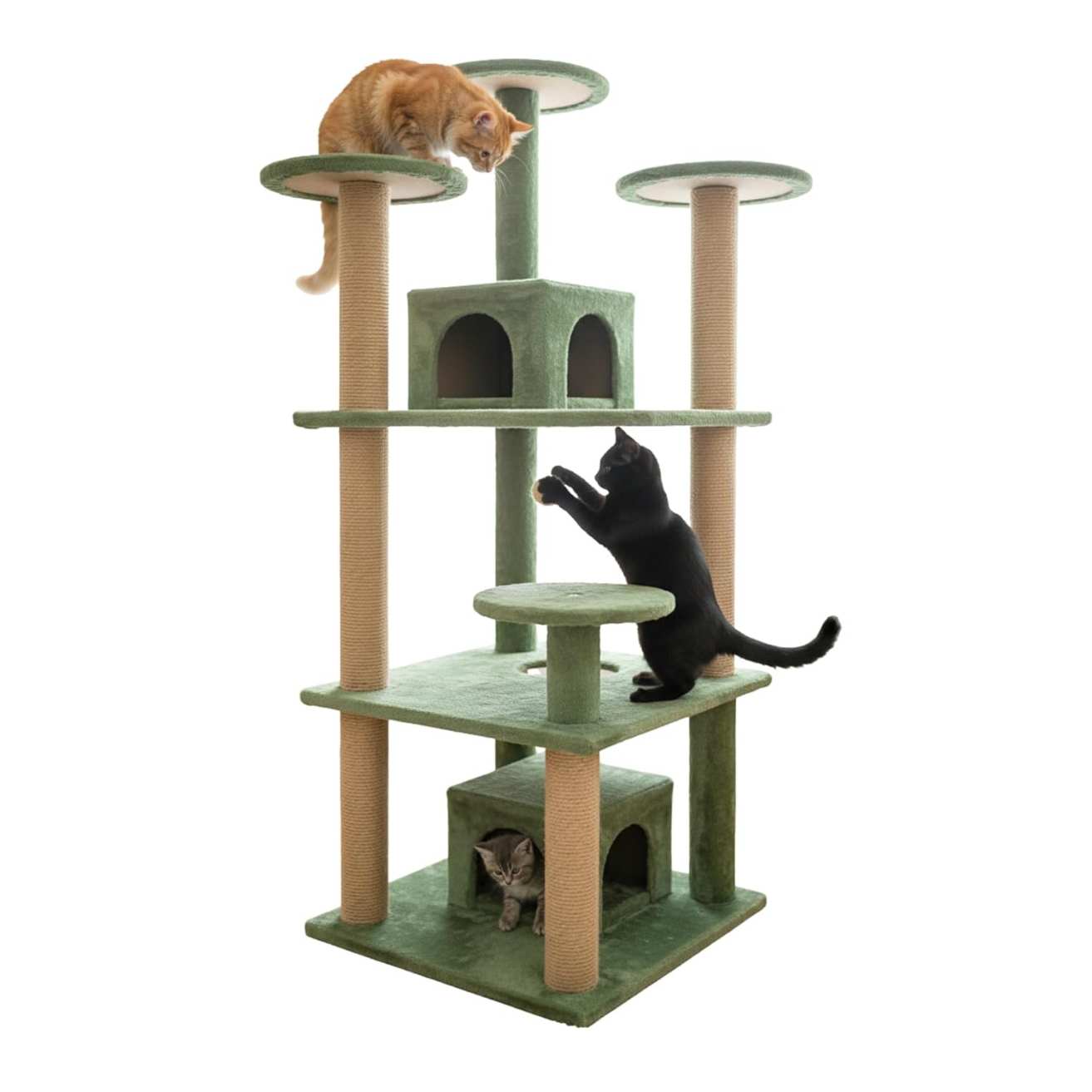 Multilevel Cat Kitten Activity Tree - Fur Fabric, Condo Box, Jute Rope, Multiple Floors, Scratching Posts (Height 54 Inch)