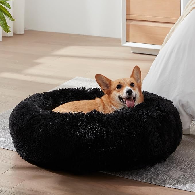Round Donut Pet Bed for Cats & Dogs, Soft & Washable (Black)