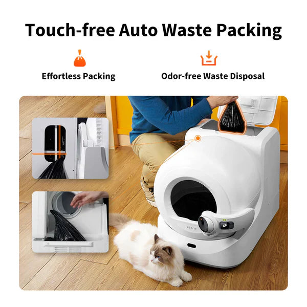 Infographic showing an automatic litter box with a touch-free waste packing and disposal system.
