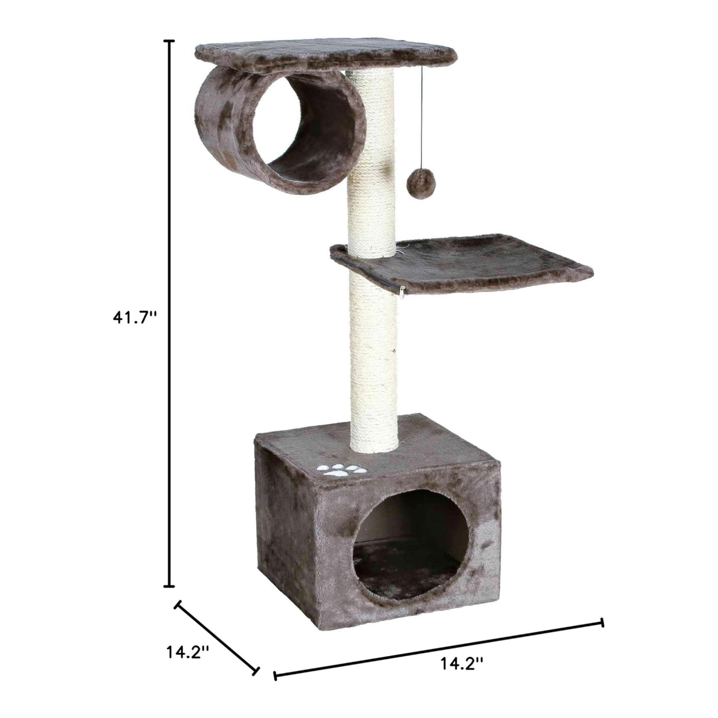 Cat resting inside plush cave of grey multi-level cat tree