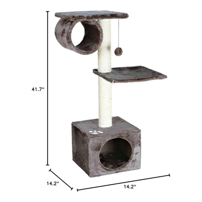 Cat resting inside plush cave of grey multi-level cat tree