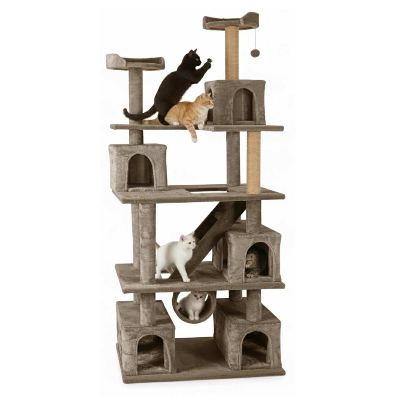 Multilevel Fur Fabric Cat Tree - Ladder | Hanging Ball | Tunnel | Multiple Condos | Jute Rope Scratching Posts | for Adult Cats & Kittens (32 x 19 x 85 Inches)
