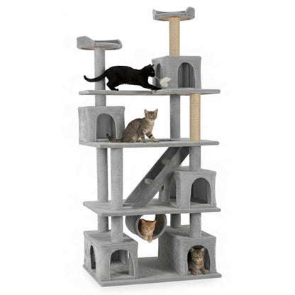 Multilevel Fur Fabric Cat Tree - Ladder | Hanging Ball | Tunnel | Multiple Condos | Jute Rope Scratching Posts | for Adult Cats & Kittens (32 x 19 x 85 Inches)