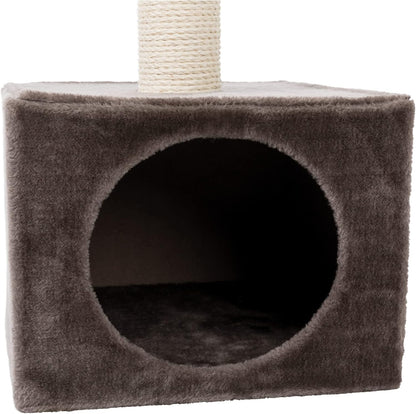 Two cats using multi-feature grey cat tree with hammock and cave in modern home