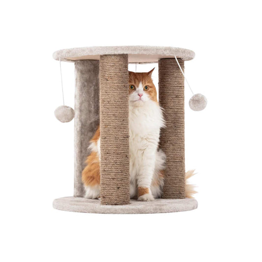 Beige Natural Jute Fiber Round Cat Tower with Rope Scratching Posts & Hanging Balls