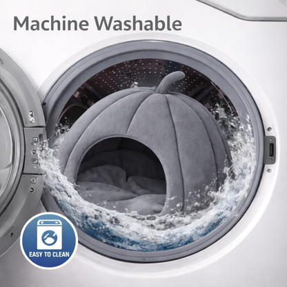 Pumpkin Shape Cat Bed Cave (Grey) | Portable 2-in-1 Washable Pet House