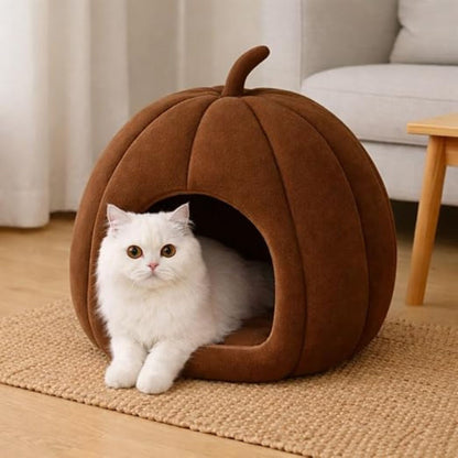 Summer Cat House – Portable 2-in-1 Cat Bed with Removable Cushion (Pumpkin Shape, Brown)