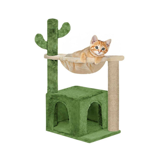 Soft Fur Condo Activity Cat Tree - Jute Rope Scratching Post, Hanging Ball, Hammock, Suitable for Small Cats (Condo 16 x 16 Inch) (Height 38 Inch) (Large) (Cactus)