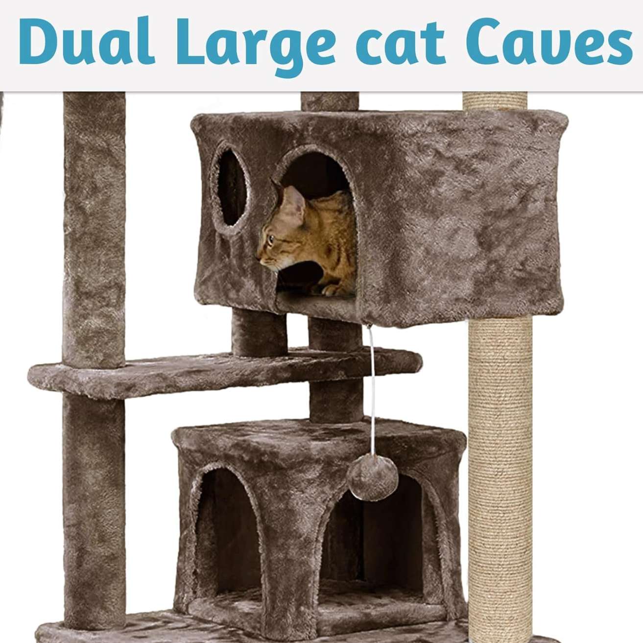 Multiple Condos Kitten Cat Tree - Plush Fur Fabric | Ladder | Top Perches | Playing Balls | Jute Rope Scratching Posts (Height 62 Inch) (Brown)