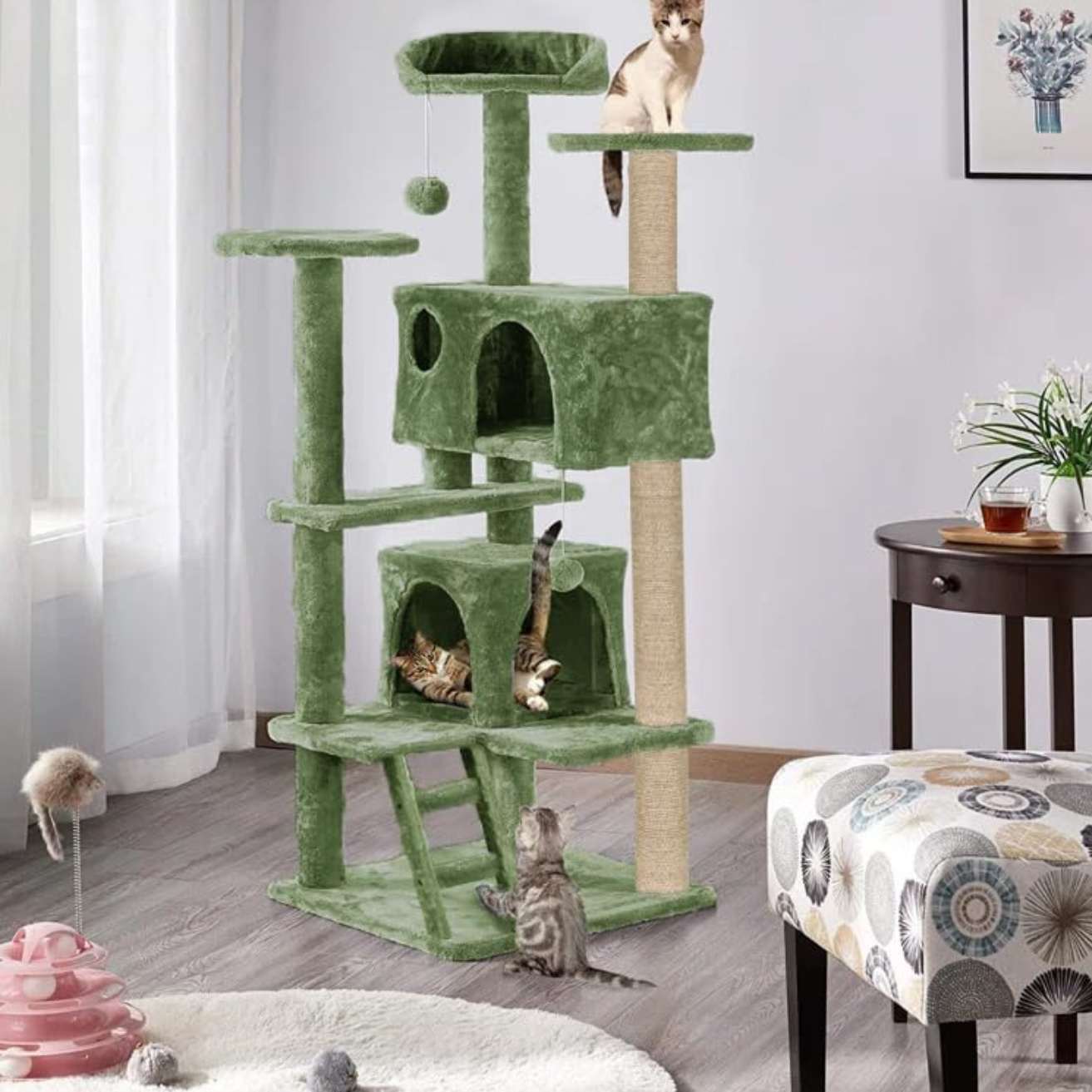 Multiple Condos Kitten Cat Tree - Plush Fur Fabric | Ladder | Top Perches | Playing Balls | Jute Rope Scratching Posts (Height 62 Inch) (Green)