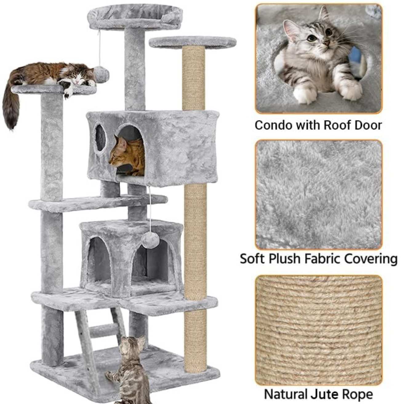 Multiple Condos Kitten Cat Tree - Plush Fur Fabric | Ladder | Top Perches | Playing Balls | Jute Rope Scratching Posts (Height 62 Inch) (Grey)