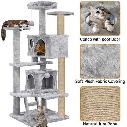 Multiple Condos Kitten Cat Tree - Plush Fur Fabric | Ladder | Top Perches | Playing Balls | Jute Rope Scratching Posts (Height 62 Inch) (Grey)