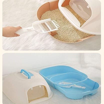 Hooded Cat Litter Tray with Swing Door & Handle | Light Brown Cat Toilet Box