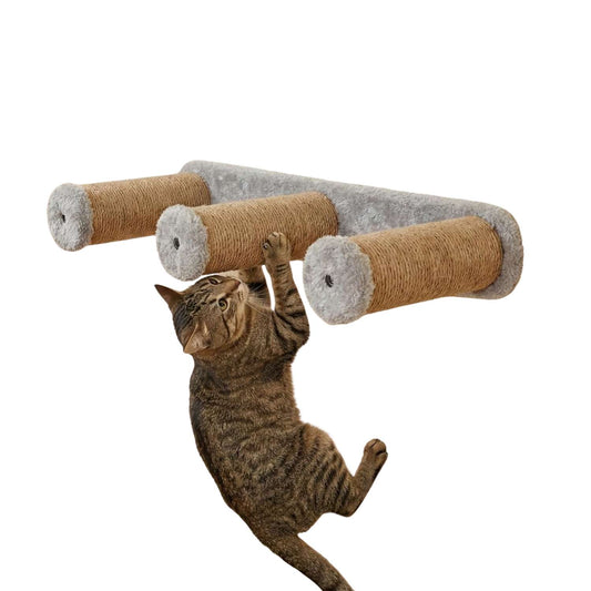 Wall-Mounted Cat Scratching Post, Sisal Rope with Plush Mice Toys, Grey and Natural, Interactive Play (24X6 INCH)