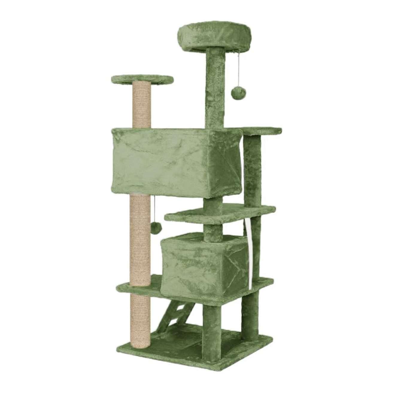 Multiple Condos Kitten Cat Tree - Plush Fur Fabric | Ladder | Top Perches | Playing Balls | Jute Rope Scratching Posts (Height 62 Inch) (Green)