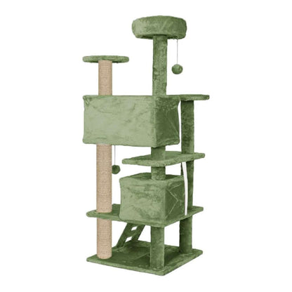 Multiple Condos Kitten Cat Tree - Plush Fur Fabric | Ladder | Top Perches | Playing Balls | Jute Rope Scratching Posts (Height 62 Inch) (Green)