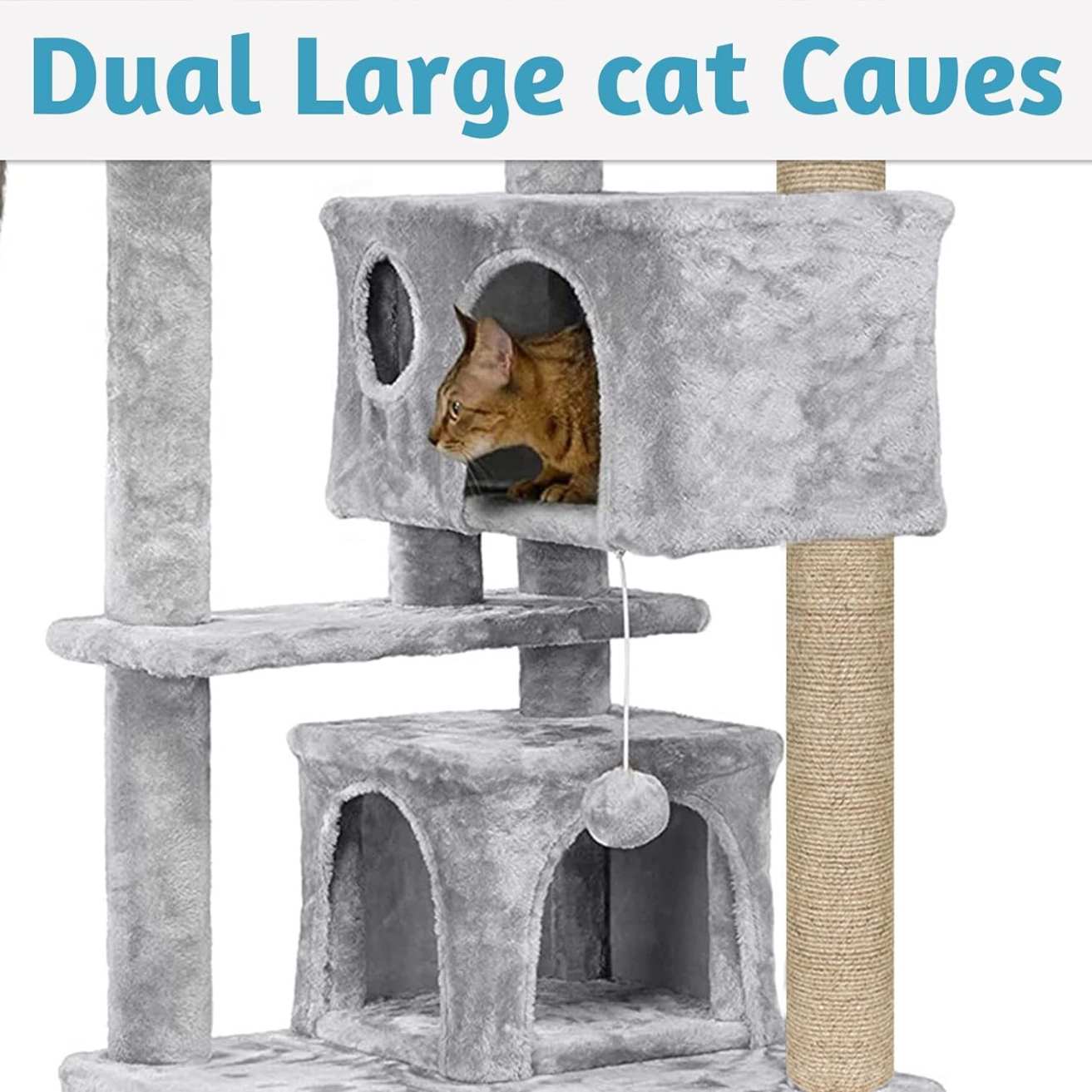 Multiple Condos Kitten Cat Tree - Plush Fur Fabric | Ladder | Top Perches | Playing Balls | Jute Rope Scratching Posts (Height 62 Inch) (Grey)