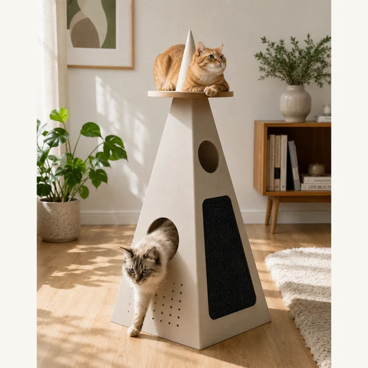 Wooden Cat Tower | Modern Cat Tree with Scratcher & Hideout
