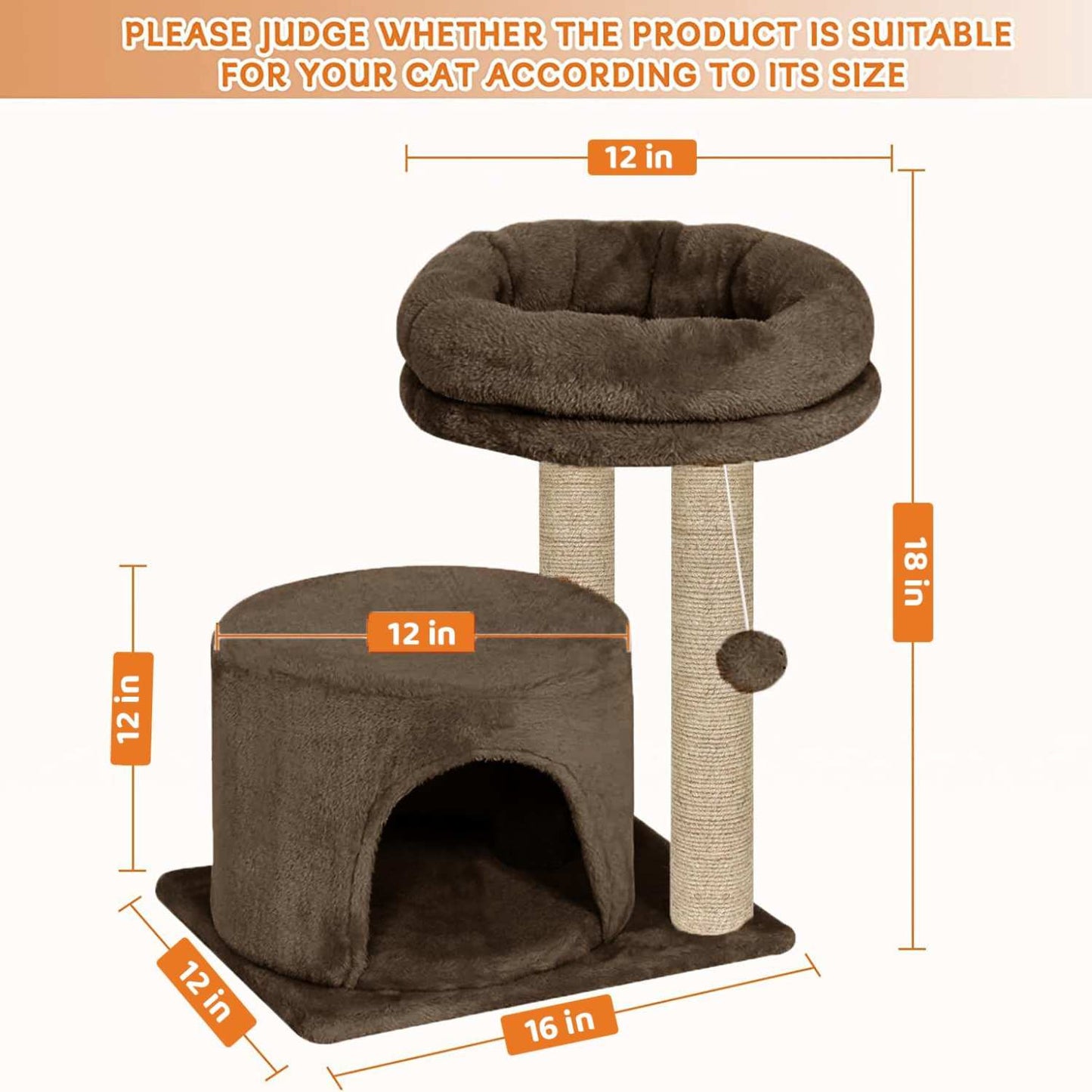 Cat Tree with Condo and Perch, 18 inch Height, 12 inch Condo, 16 inch Perch (Brown)