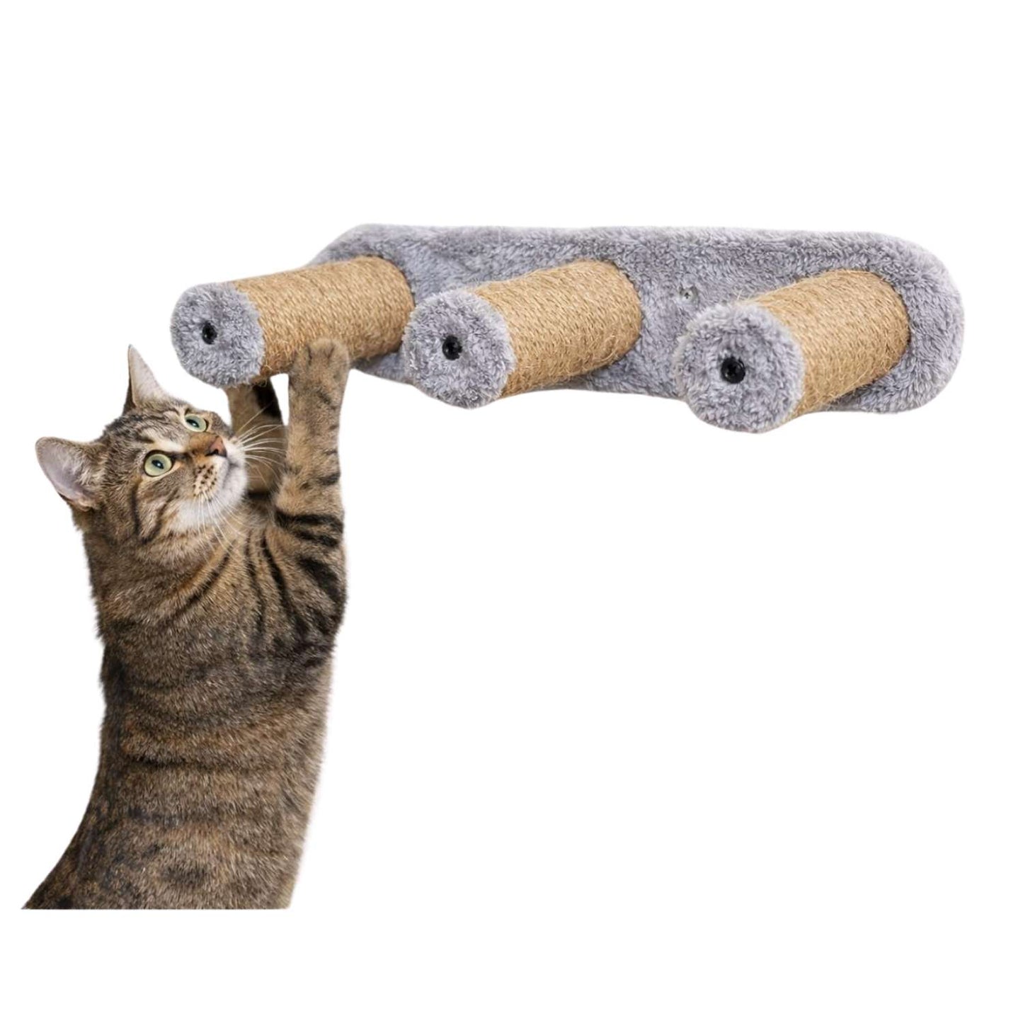 Wall-Mounted Cat Scratching Post, Sisal Rope with Plush Mice Toys, Grey and Natural, Interactive Play (24X6 INCH)
