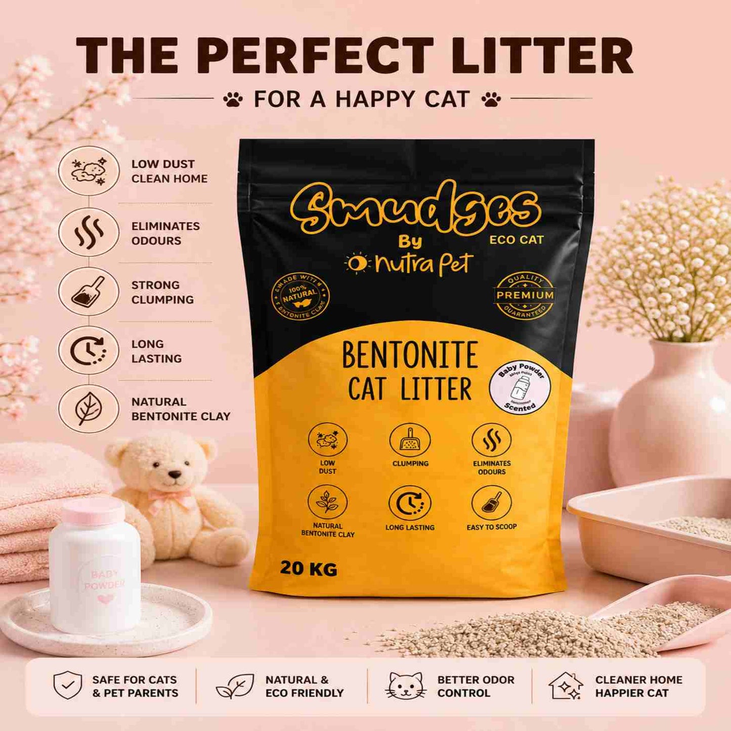 Smudges Eco Bentonite Cat Litter 20kg | Clumping & Baby Powder Scented
