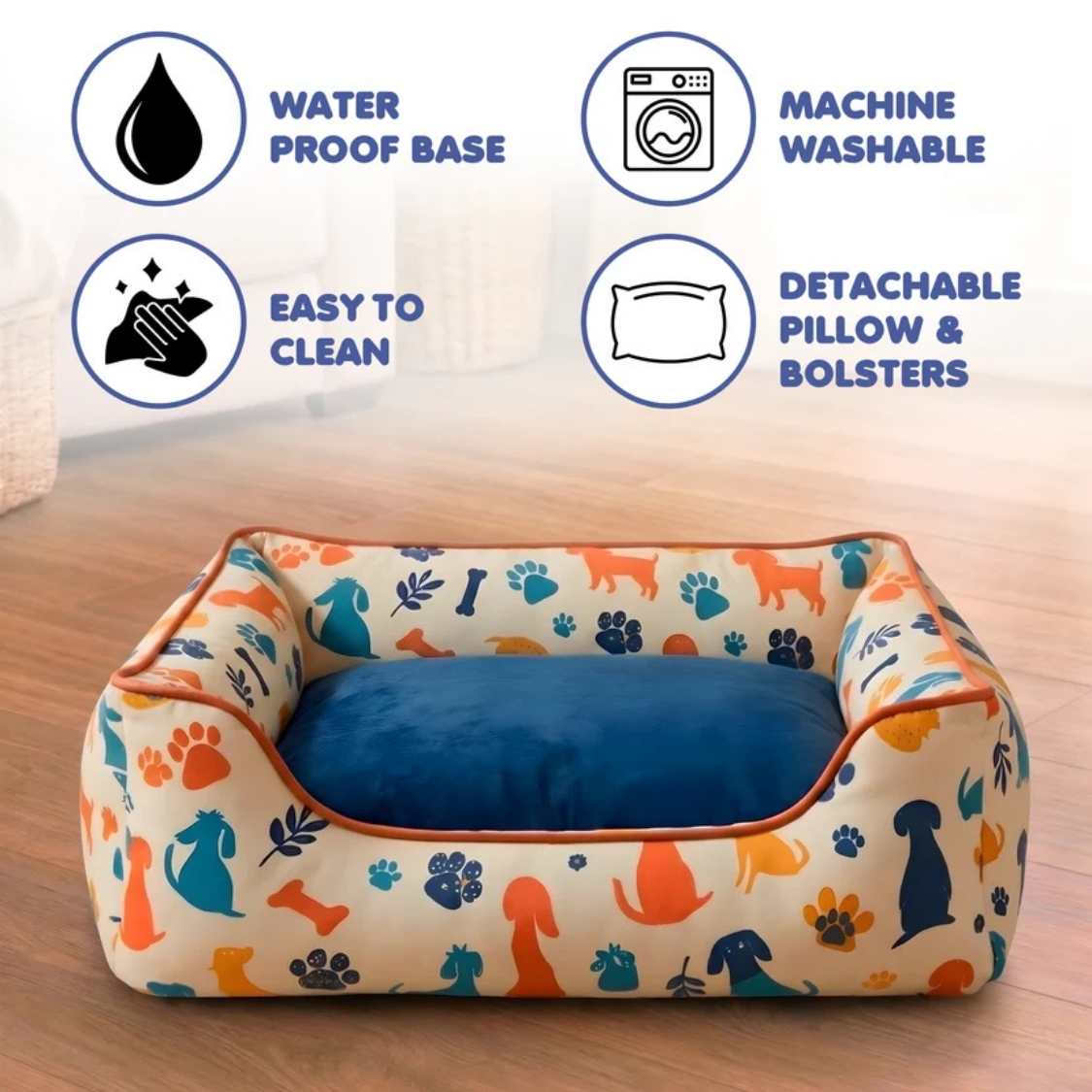 Dog Print Orthopaedic Pet Bed With Bolster | Washable Anti Slip Sofa Bed