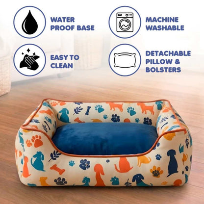 Dog Print Orthopaedic Pet Bed With Bolster | Washable Anti Slip Sofa Bed