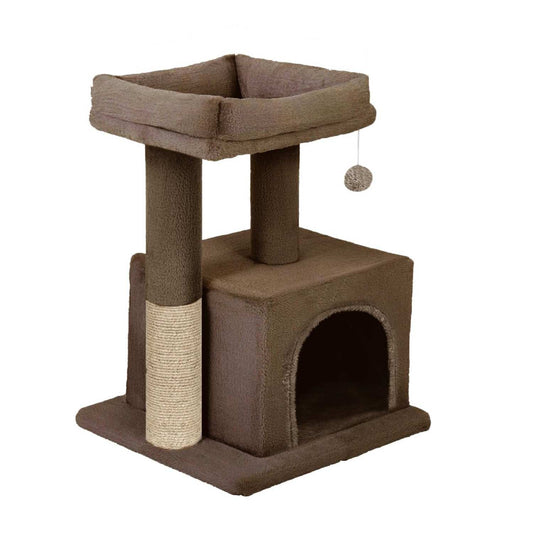 Condo Kitten Cat Tree - Plush Fur Fabric | Top Perch | Hanging Ball | Scratching Post (Condo 12x12 Inch) (Brown)
