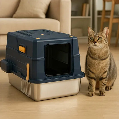Odor Control Covered Stainless Steel Litter Box (Black)
