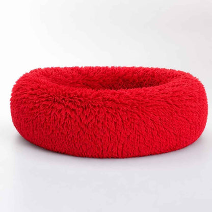 Calming Donut Dog & Cat Bed | Fluffy Plush Washable Anti Slip (Red)