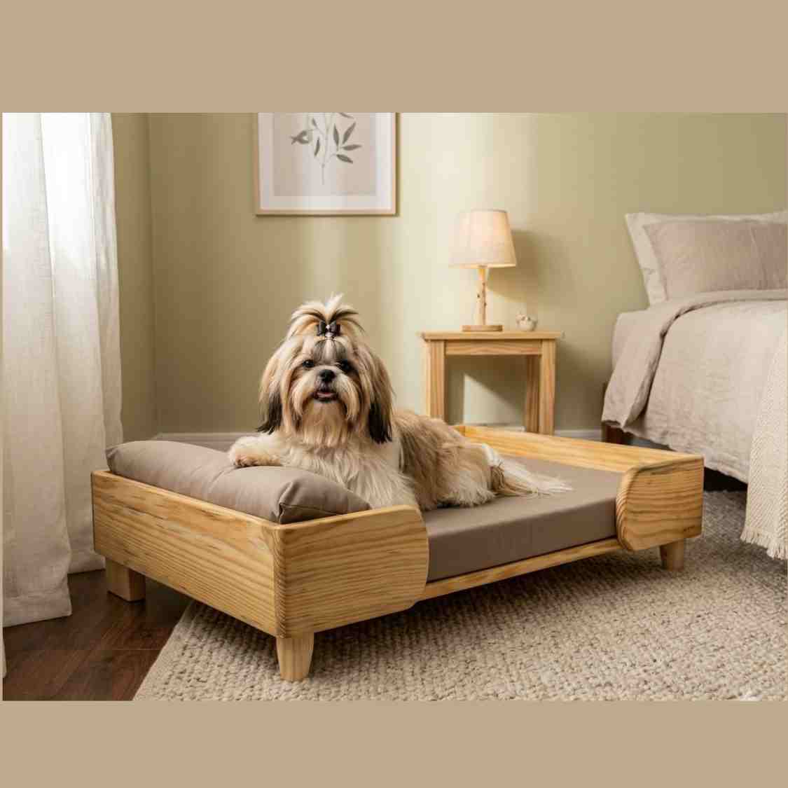Luxury Wooden Pet Bed For Small Dogs & Cats With Soft Cushion & Mattress