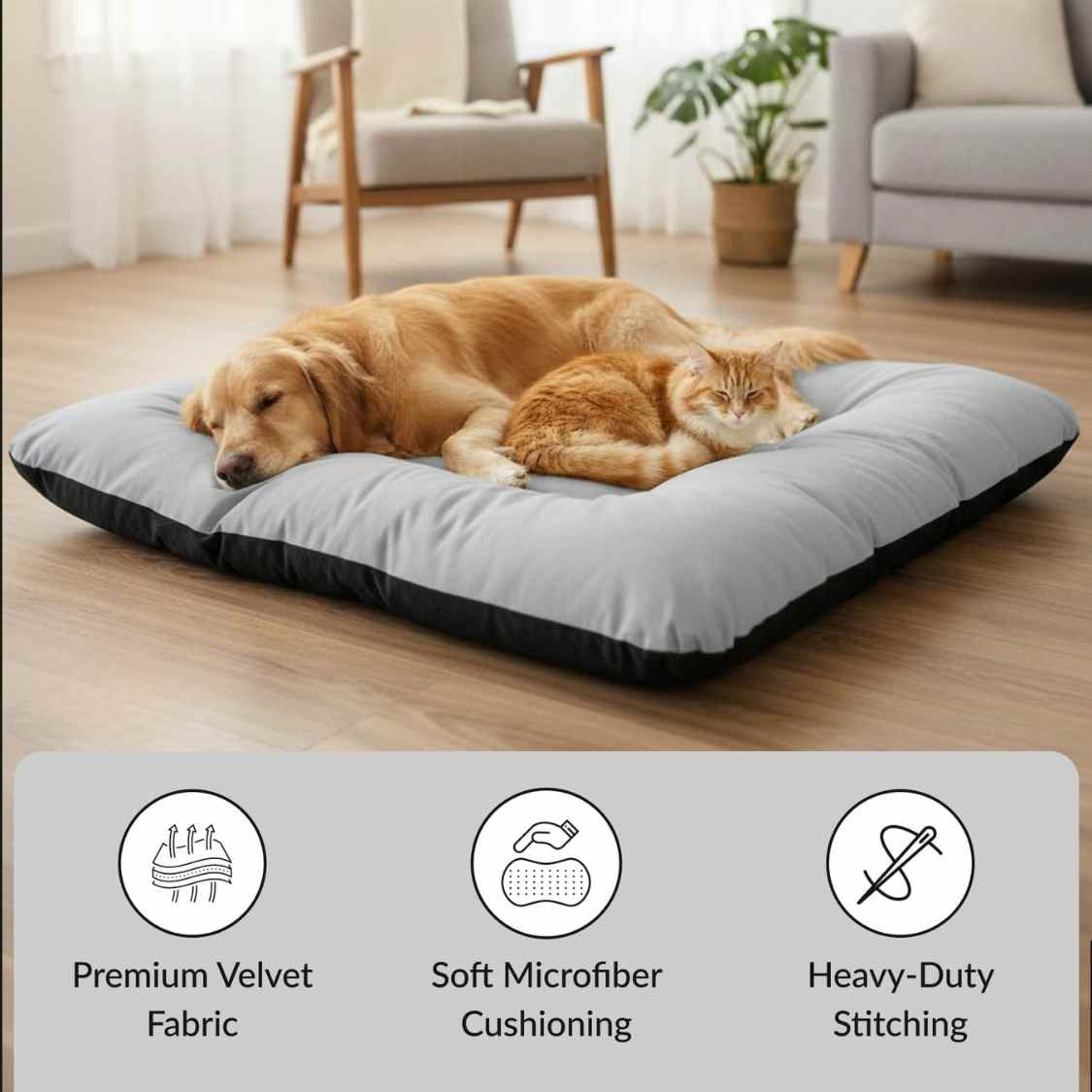 Reversible Pet Bed Washable Velvet Bed With Soft Mattress For Dogs & Cats (Grey)