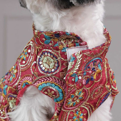 Royal Embroidered Dog Sherwani | Wedding Festive Wear  (Red Multicolor)