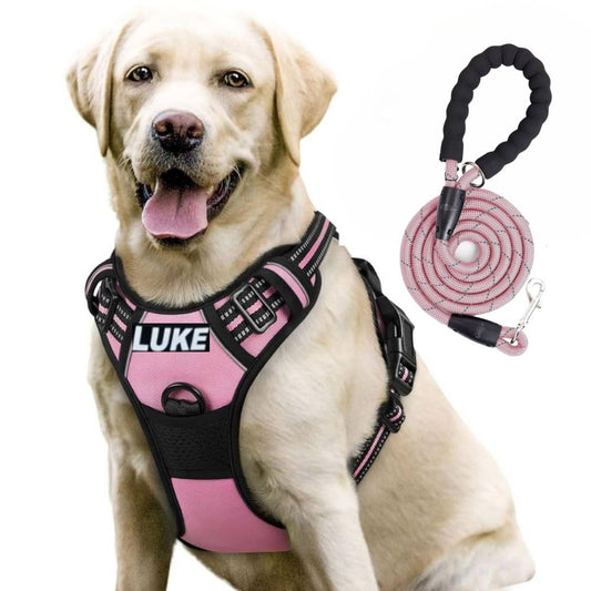 Dog Harness with Name Tag | Reflective No Pull Harness & Leash for All Sizes (Pink)