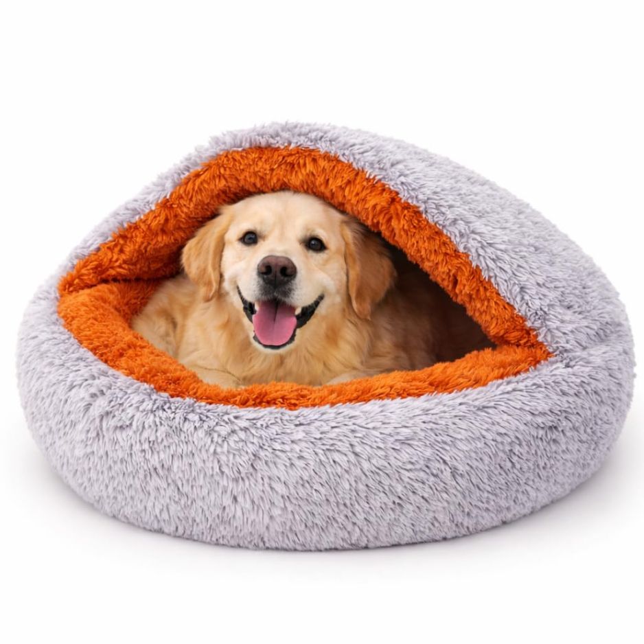 Soft Plush Pet Cave Bed for Dogs & Cats | Hooded Donut Cozy Sleeping Bed