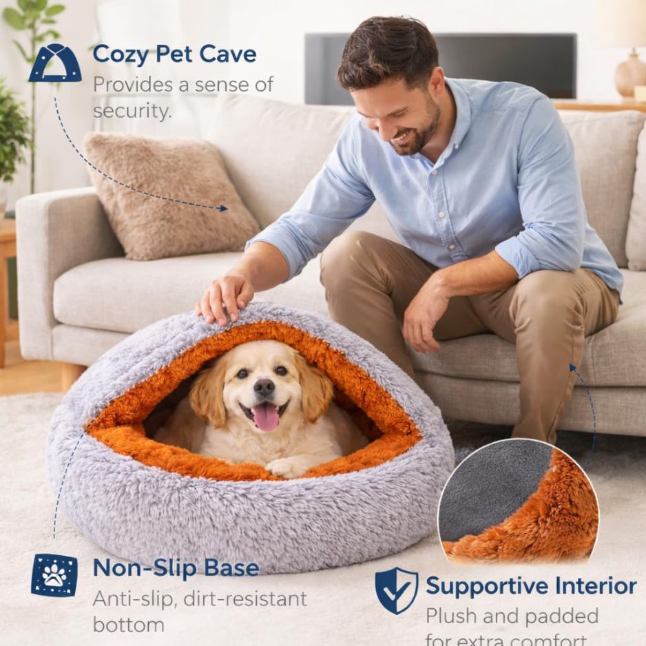 Soft Plush Pet Cave Bed for Dogs & Cats | Hooded Donut Cozy Sleeping Bed