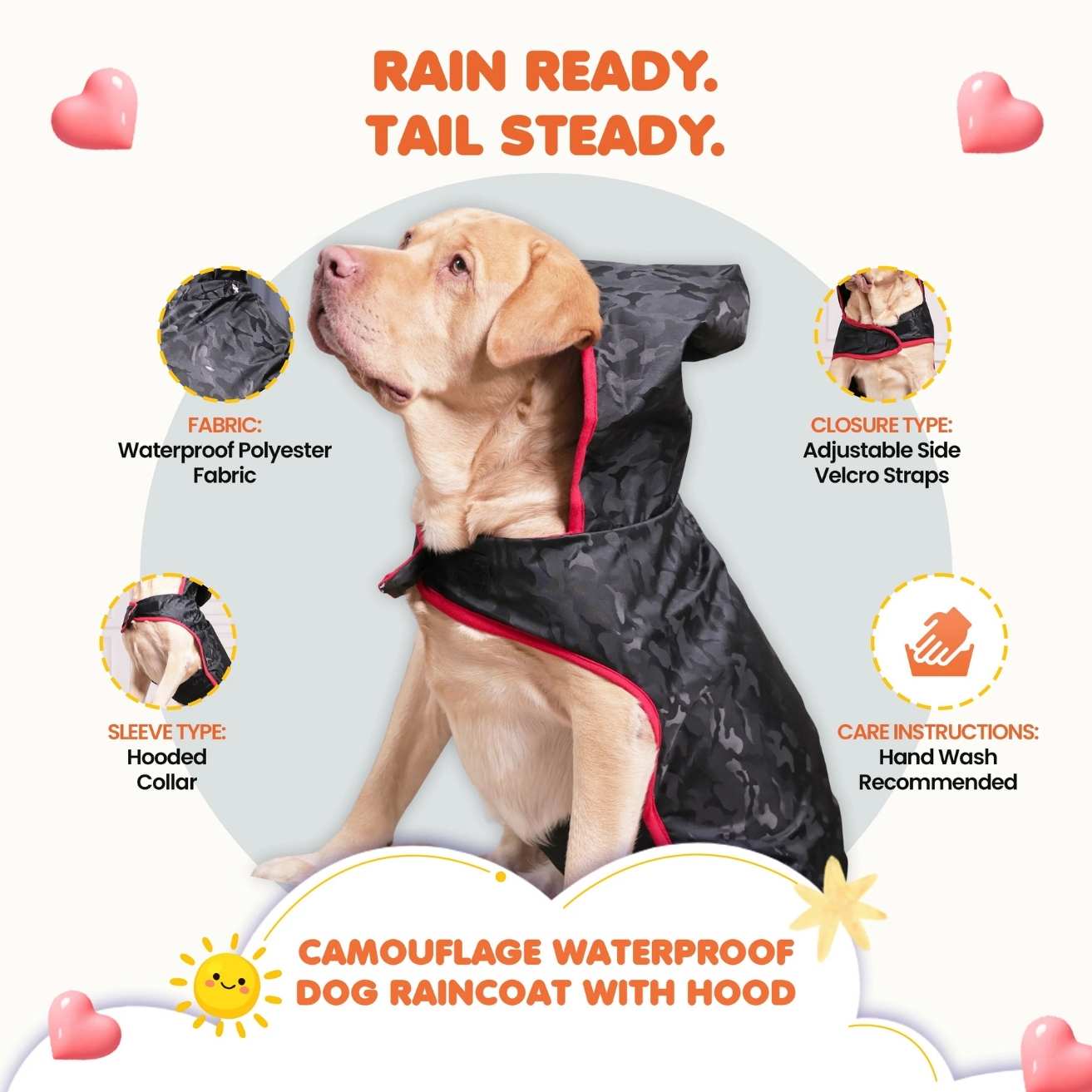 Camouflage Dog Raincoat | Waterproof Hooded Rain Jacket (Black)