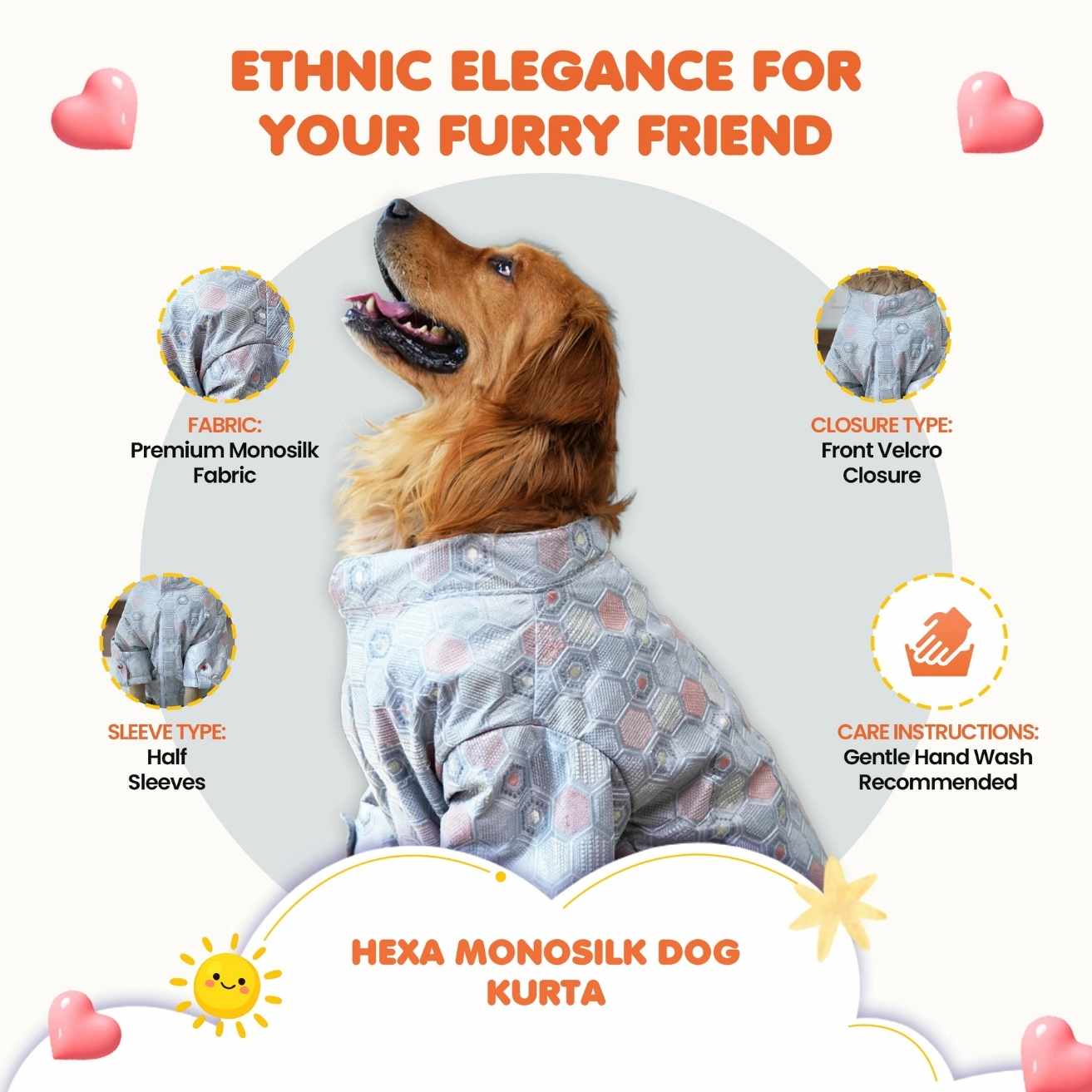 Hexa Monosilk Designer Dog Kurta Geometric Festive Ethnic Wear for Dogs
