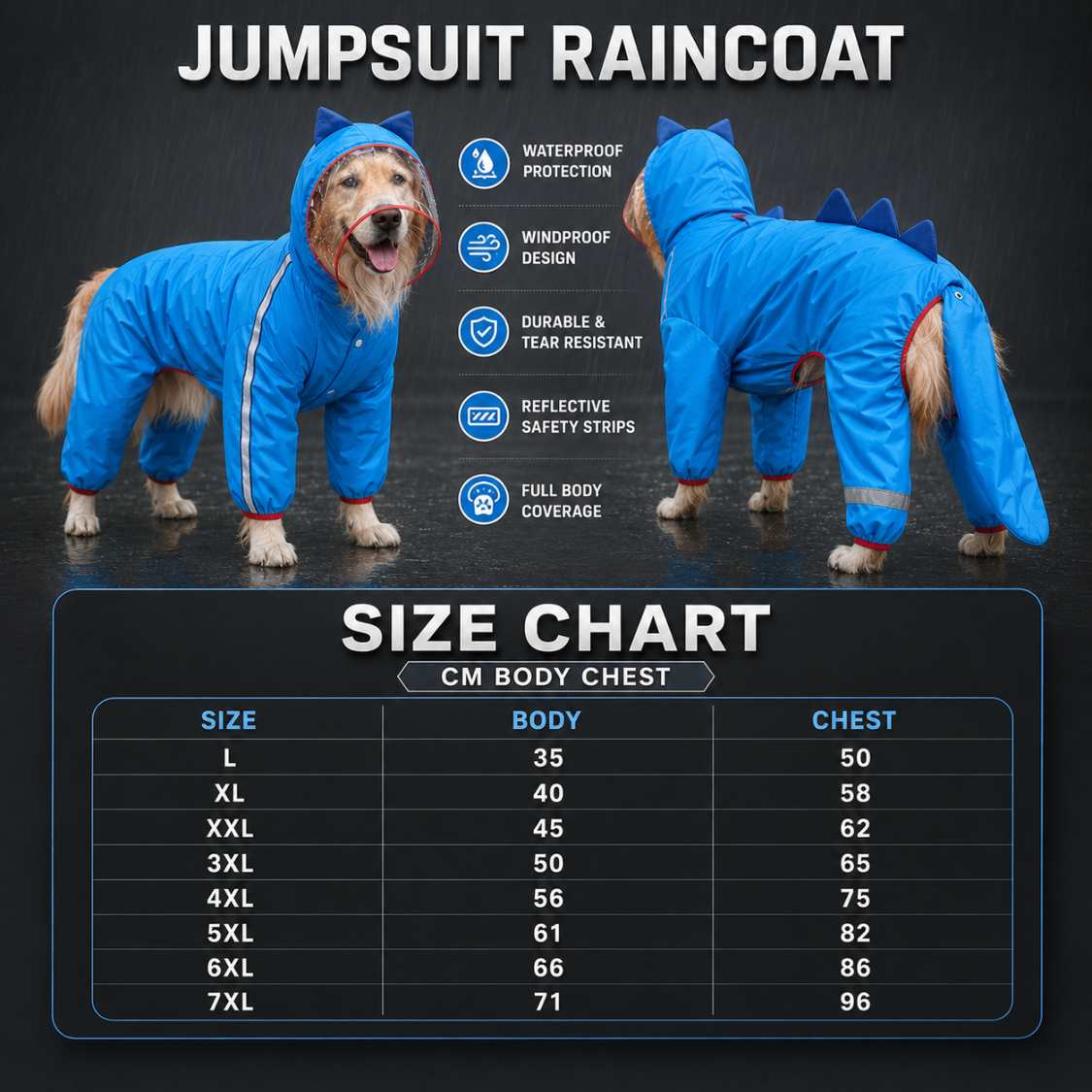Waterproof Dog Jumpsuit Raincoat with Hood for Full Body Rain Protection