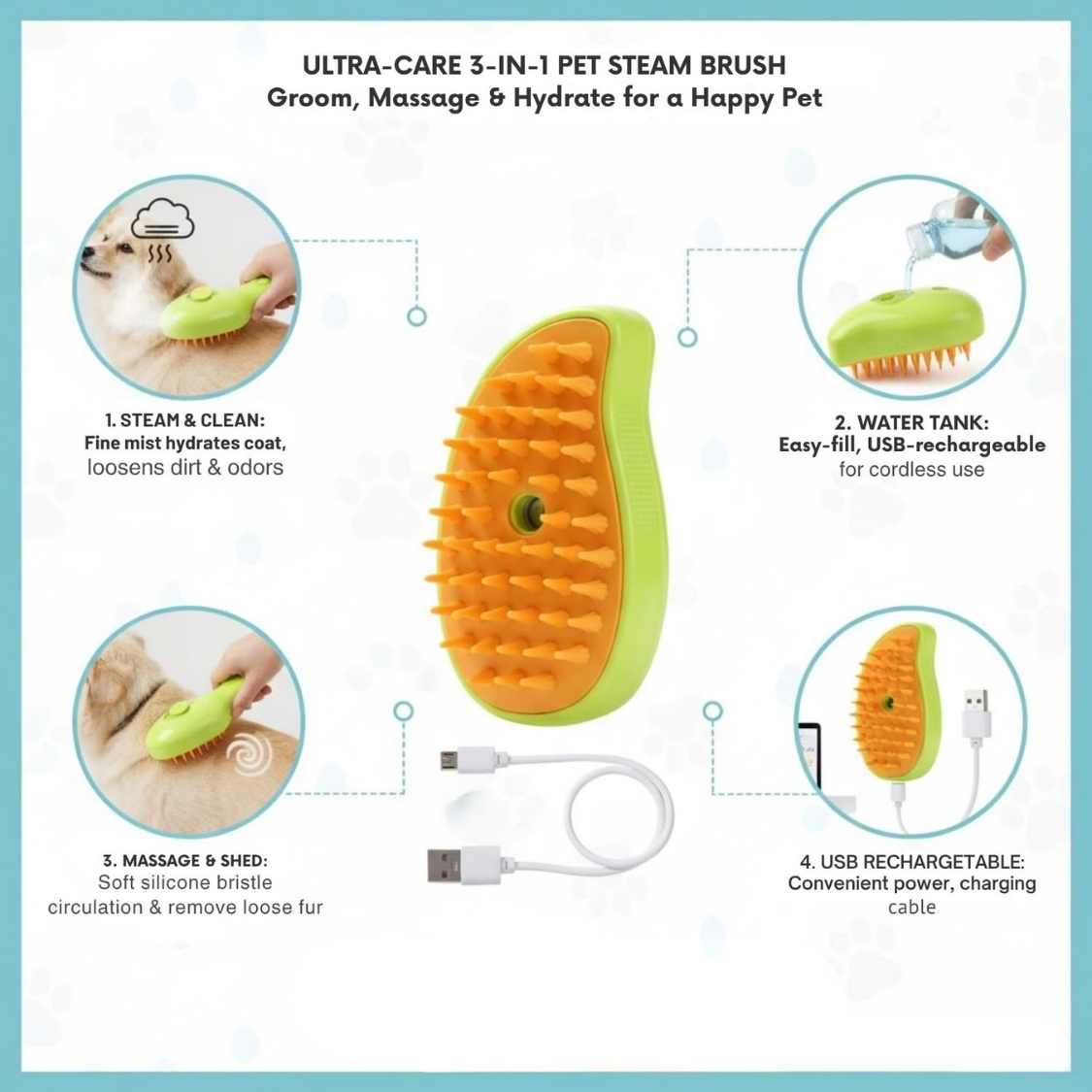 Pet Grooming Steam Brush | Safe & Easy Hair Care For Dogs & Cats