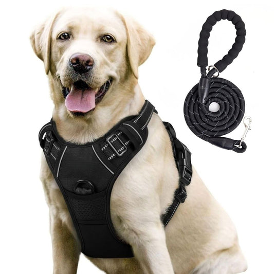 Dog Harness & Leash Set | Reflective No Pull Harness for All Sizes (Black)