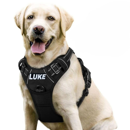 Dog Harness with Name Tag | Reflective No Pull Harness for All Sizes (Black)