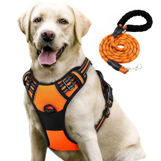 Dog Harness & Leash Set  | Reflective No Pull Harness for All Sizes (Orange)