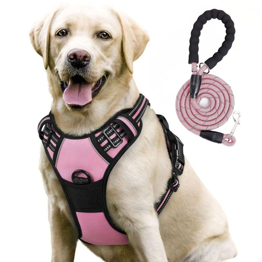 Dog Harness & Leash Set | Reflective No Pull Harness for All Sizes (Pink)