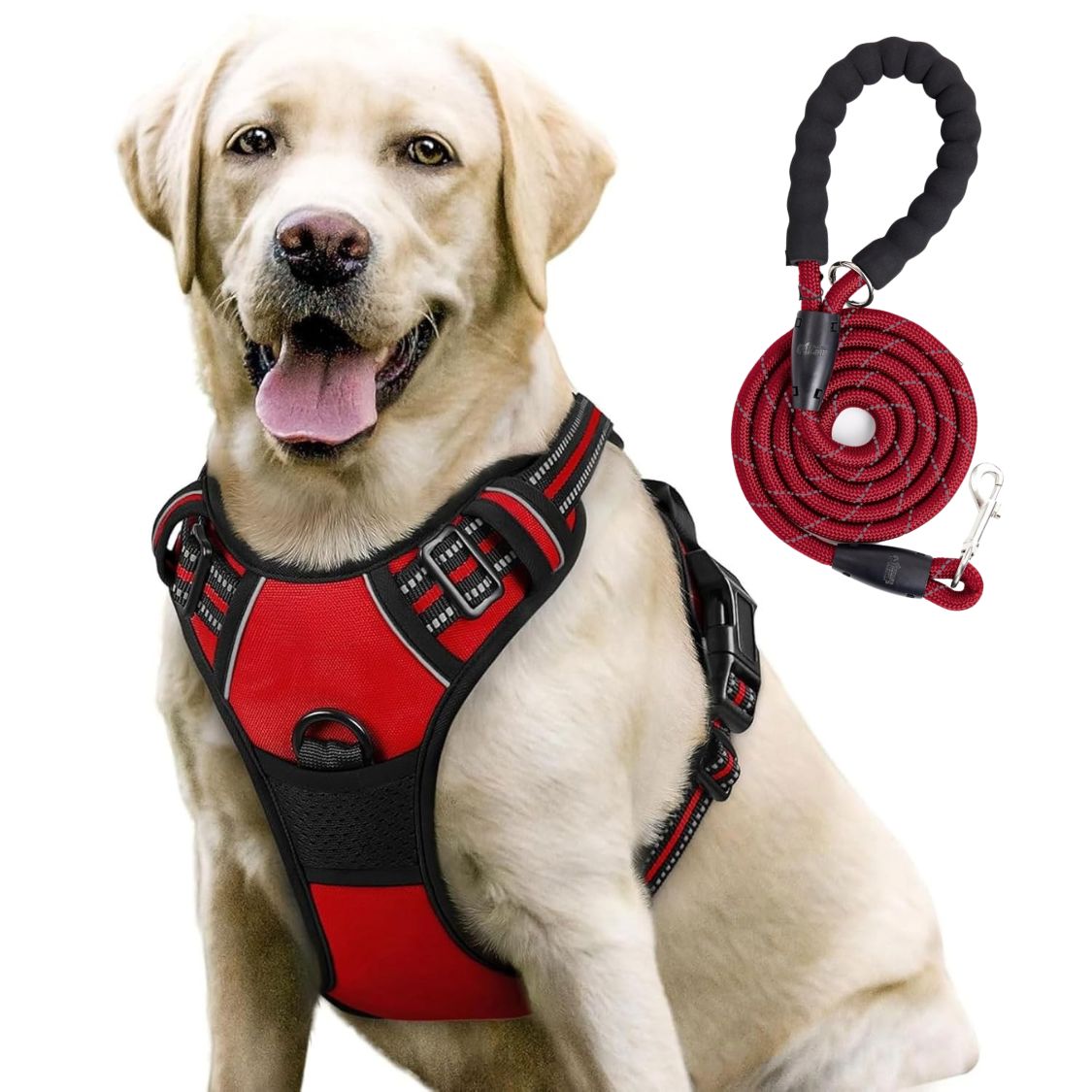 Dog Harness & Leash Set | Reflective No Pull Harness for All Sizes (Red)