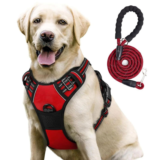 Dog Harness & Leash Set | Reflective No Pull Harness for All Sizes (Red)