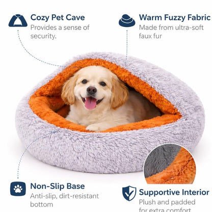 Soft Plush Pet Cave Bed for Dogs & Cats | Hooded Donut Cozy Sleeping Bed