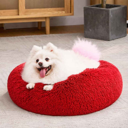 Calming Donut Dog & Cat Bed | Fluffy Plush Washable Anti Slip (Red)