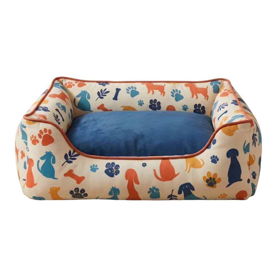 Dog Print Orthopaedic Pet Bed With Bolster | Washable Anti Slip Sofa Bed