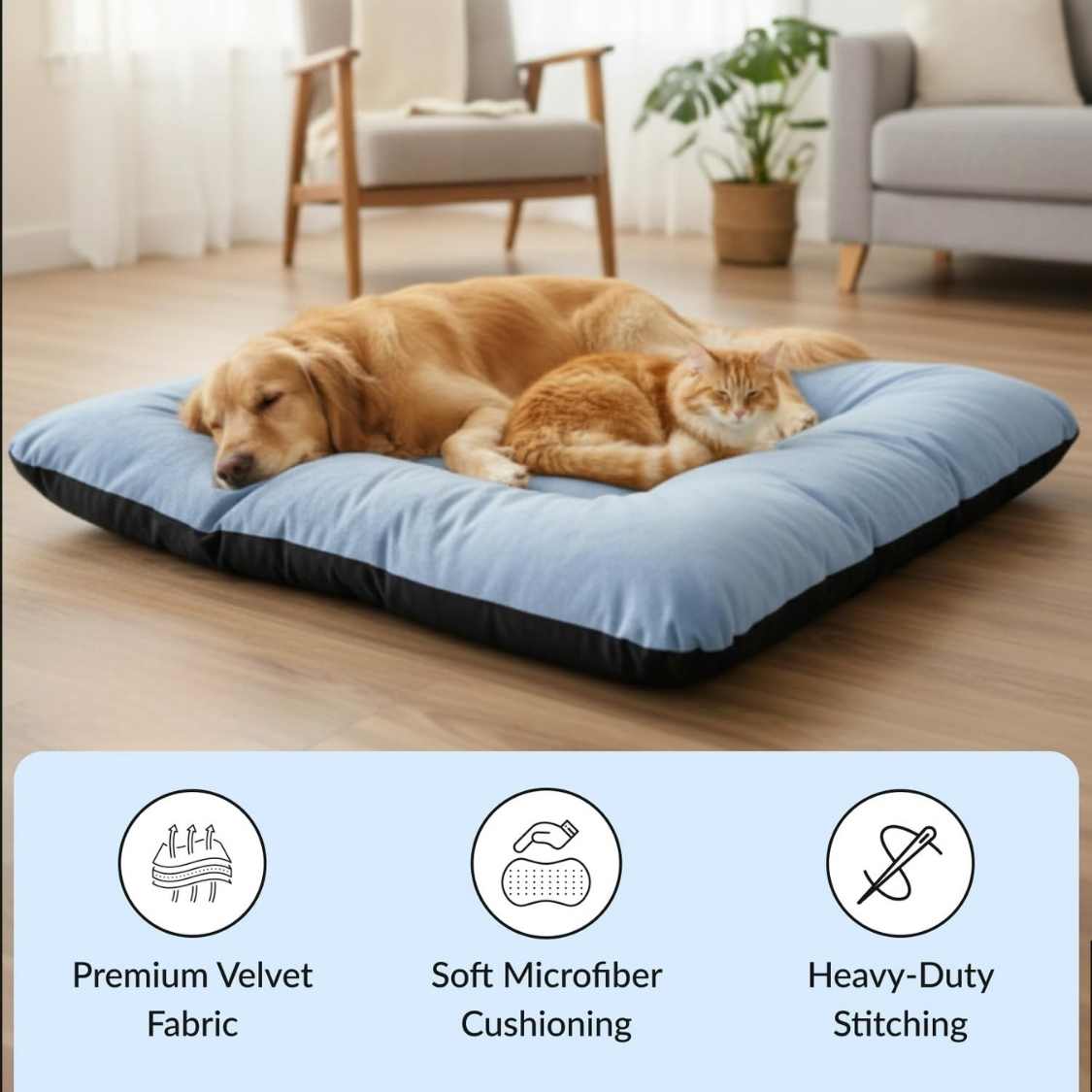 Reversible Pet Bed Washable Velvet Bed With Soft Mattress For Dogs & Cats (Blue)